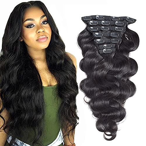 Brazilian Body Wave Clips in Hair Extensions Real Human Hair Black and Brown Color For Women Beauty Wavy Clip In Human Hair (12inch 100g, 1 Jet Black)