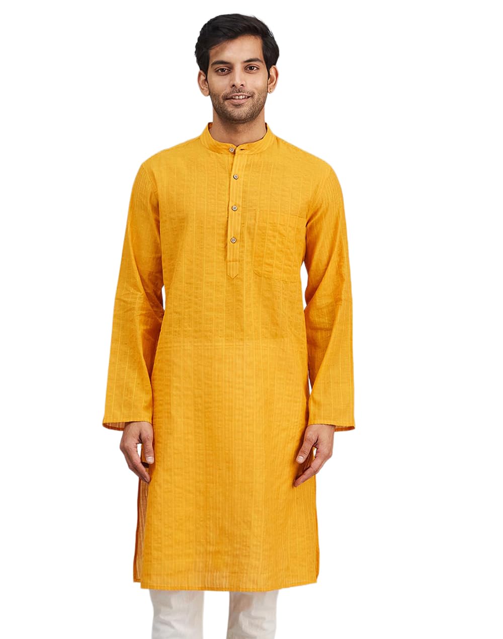 Yellow Cotton Blend Striped Long Kurta-image-22