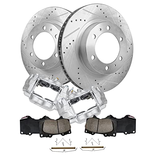 Image of Detroit Axle - Front Brake Kit for Toyota Tacoma FJ Cruiser 4Runner Disc | Brakes Calipers Replacement Drilled & Slotted Disc Brake Rotors Ceramic Brake Pads Brake Calipers - 6pc Set