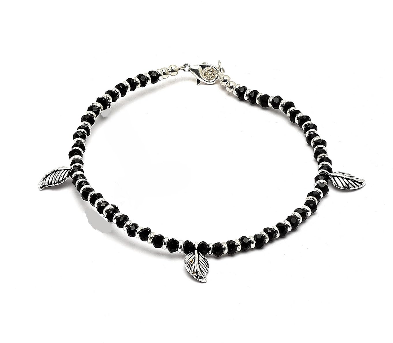 Oxidised German Silver Single Anklet with Black Stones &Leaf Beads-image-18
