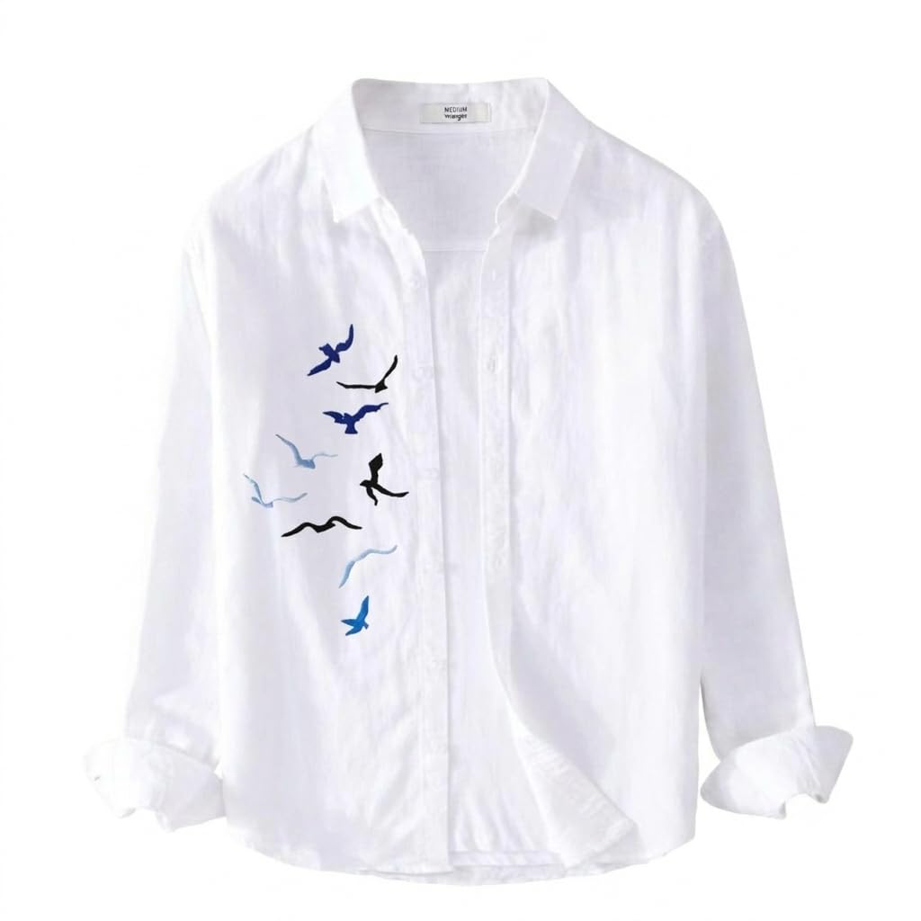 Men's White Long Sleeve Shirt with Flying Birds Embroidery, Casual Button-Up Top-picture-42