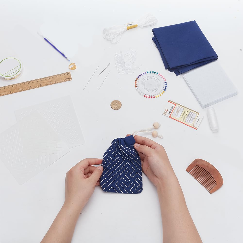 Kit Completo Sashiko Per Principianti - 4 Stencil In Acrilico, Tessuto E Filo Per Sottobicchieri Da Tè - Foto 8