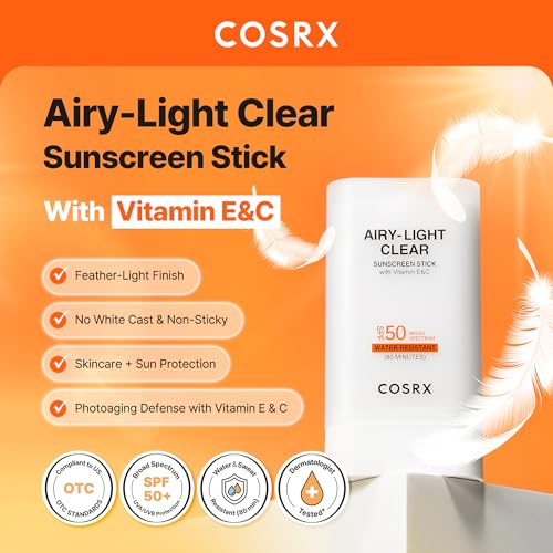 Best Sunscreen Stick for Seniors with Arthritis for Limited Dexterity and Stiff Hands 7 COSRX Airy-Light Clear Sunscreen Stick with Vitamin E&C SPF 50, 0.67 oz, 19g, Korean Suncreen Stick Suncare Sunblock, Lightweight, No White Cast, Water resistant, Oil Control Matte Sunscreen for Face