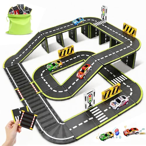 Magnetic Tiles Road Set, 26Pcs Large Double Sided Magnetic Blocks with Pullback Cars & Traffic...