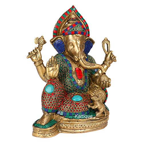 Image of Kartique Brass Ganesha Idol Sitting Stone Inlay Multicolor 13 Inch