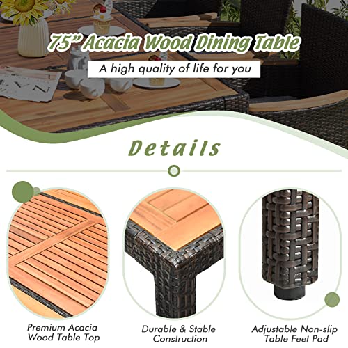 Glacer 9 Pieces Outdoor Patio Dining Set, 75" Large Acacia Wood Wicker Dining Table & Stackable Cushioned Chair Set, Rattan Dining Furniture Set For Backyard, Garden, Poolside, Patio Dining Set For 8 #TOP4