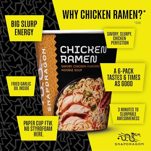 Image of Snapdragon Chicken Ramen Cup Noodles - 6 Pack Instant Ramen Bowl with Authentic Wheat Noodles, Soup Flavor Sauce, Vege Pack, and Garlic Flavoring Oil. Microwave or Hot Water, Easy Meal Prep