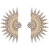 Gold Tone Art Deco Antique Vintage Style Flapper Fan Wings Rhinestone Wedding Bridal Prom Statement Earrings