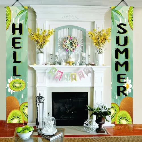 Image of BlissYard 2pcs Hello Summer Door Banner Kiwi Porch Banner Sign Sweet Green Summer Sunshine Front Door Hanging Decor Banners for Seasonal Home Hawaii Tropical Party Outdoor Decorations