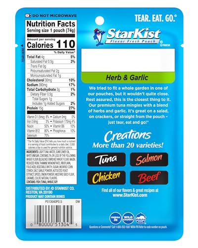 Image of StarKist Tuna Creations Herb and Garlic Pouch (2.6 oz - 12 Pack) Wild Caught, High Protein Shelf Stable Seafood, No Draining, Ready to Eat for Salads and Sandwiches