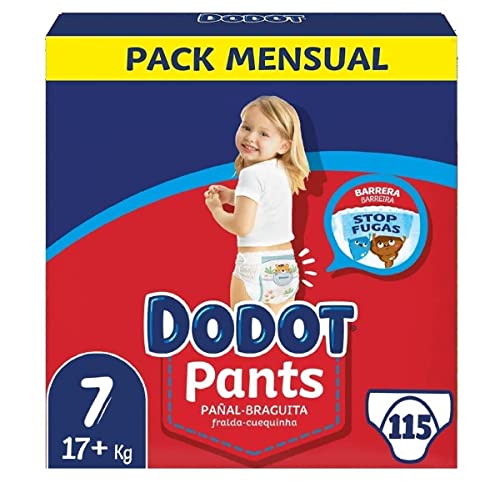 Dodot Pañales Bebé Pants Talla 7 (+17 kg), 115 Pañales, Pañal-Braguita con Ajuste 360° Anti-Fugas, Pack Mensual