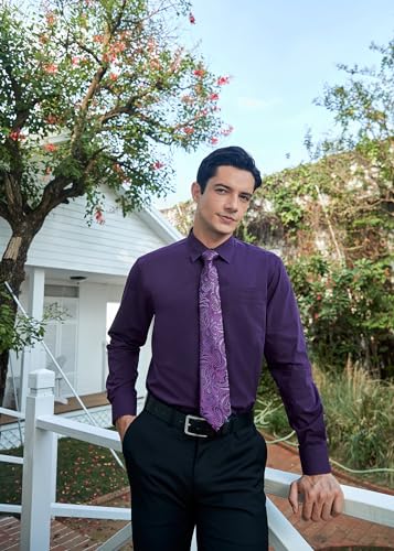 Men's Solid Long Sleeve Dress Shirt with Matching Tie and Handkerchief Set Classic Button Down Formal Business Shirts4