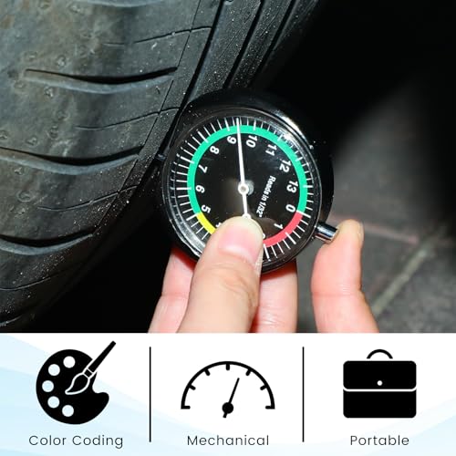 Image of Tallew 2 Pack Tire Tread Depth Gauge in 32nds Dial Type Tire Depth Gauge Bulk with Color Coded Easy Reading Professional Tool for Motorcycle Car Truck Bus, Black