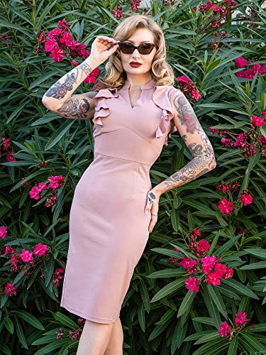Image of Knitee Women's Vintage Ruffle Sleeve V-Neck Bodycon Evening Party Cocktail Pencil Sheath Dress
