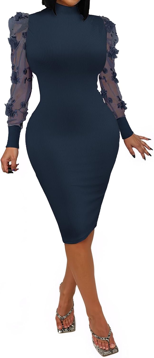 Uni Clau Women's Sexy Ribbed Bodycon Dress Mesh Floral Long Sleeve Slim Fit Midi Lilac Night Club Party Dresses