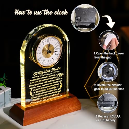 Image of Arikyrist Best Friend Birthday Gifts for Women Glass Clock to My Best Friend with Wooden Light Base, Friendship Gift Ideas for Female Friend BFF Bestie Presents on Christmas Wedding Table Decor