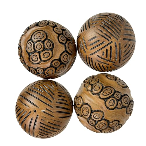 Boules décoratives marron 10cm sculptées géométriques (Lot de 4)