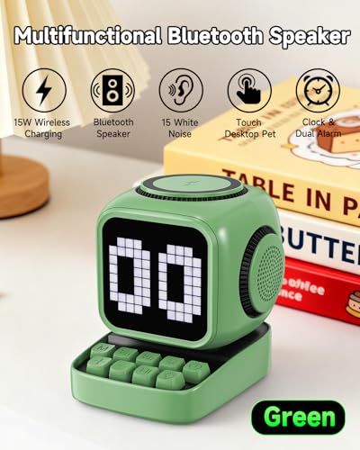 Image of Retro Robot 5-in-1 Bluetooth Speaker: 15W Wireless Charger, Pixel LED Screen, 10W Stereo Sound & 15 White Noise, Alarm Clock, Cute Portable Wireless Speaker for Bedroom Desk Office, Birthday Gifts