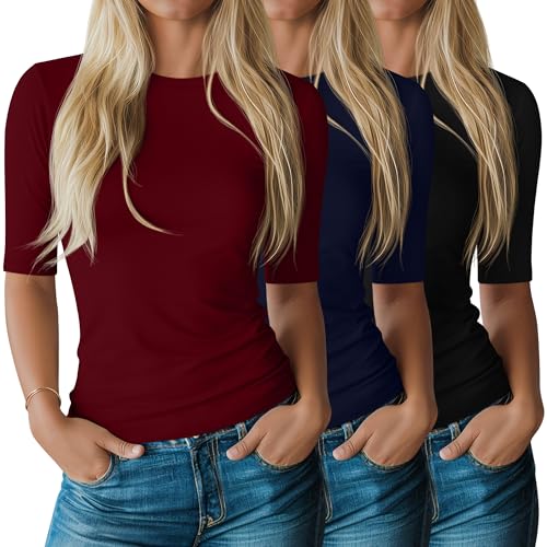 Riyiper 3 Pack Elbow Length Tee Shirts for Women 1/2 Half Sleeve Tops Crewneck Cotton Slim Fit Casual Summer Basic Tee