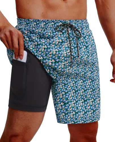 Image of Gleeease 7inch Mens Swim Trunks 2 in 1 with Compression Liner Pockets Drawstring Quick Dry Stretch Lined Funny Beach Pool