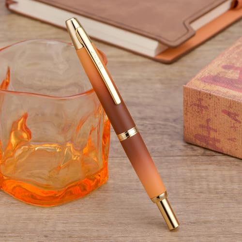 Image of Jinhao 10 Press Fountain Pen with Box, Caramel Orange Gradient Retractable Extra Fine Nib with Ink Converter Set (Golden Clip)