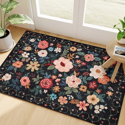 Image of DUKINO 2x3 Rugs for Entryway, Floral Indoor Washable Door Mat, Non Slip Boho Small Rug for Kitchen, Soft Low Pile, Front Door Throw Rug for Entrance, Bedroom, Kitchen, Laundry, Bathroom, Black