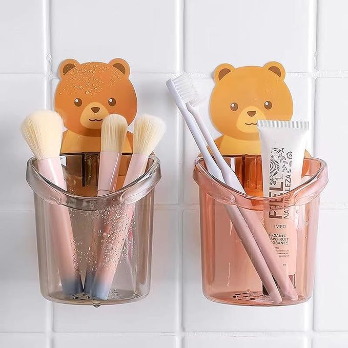 YEKDA 2 Pcs Plastic Stand for Toothpaste Teddy Bear Tooth Brush Holder Comb, Brush, Cream, Lotion Kids Bathroom Cup Drain Waterproof Self-Adhesive(Multi Color) 3
