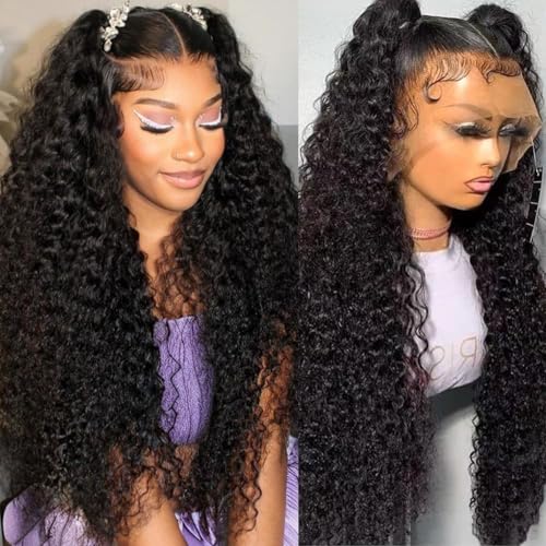 26 Inch 13x6 Water Wave Lace Front Wigs Human Hair 200 Density Wet and Wavy HD Lace Frontal Wigs Pre Plucked Deep Wave Curly Human Hair Wigs for Women Natural Black