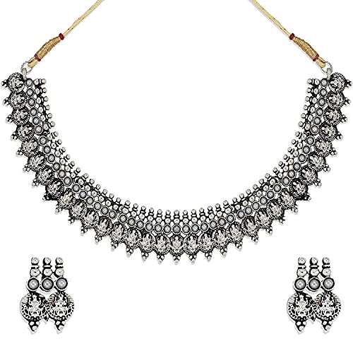 Image of Om Jewells Oxidised Silver Plating Alloy and Floral Multistrand Necklace Set And Temple Choker Necklace Set for Women & Girls (Silver)