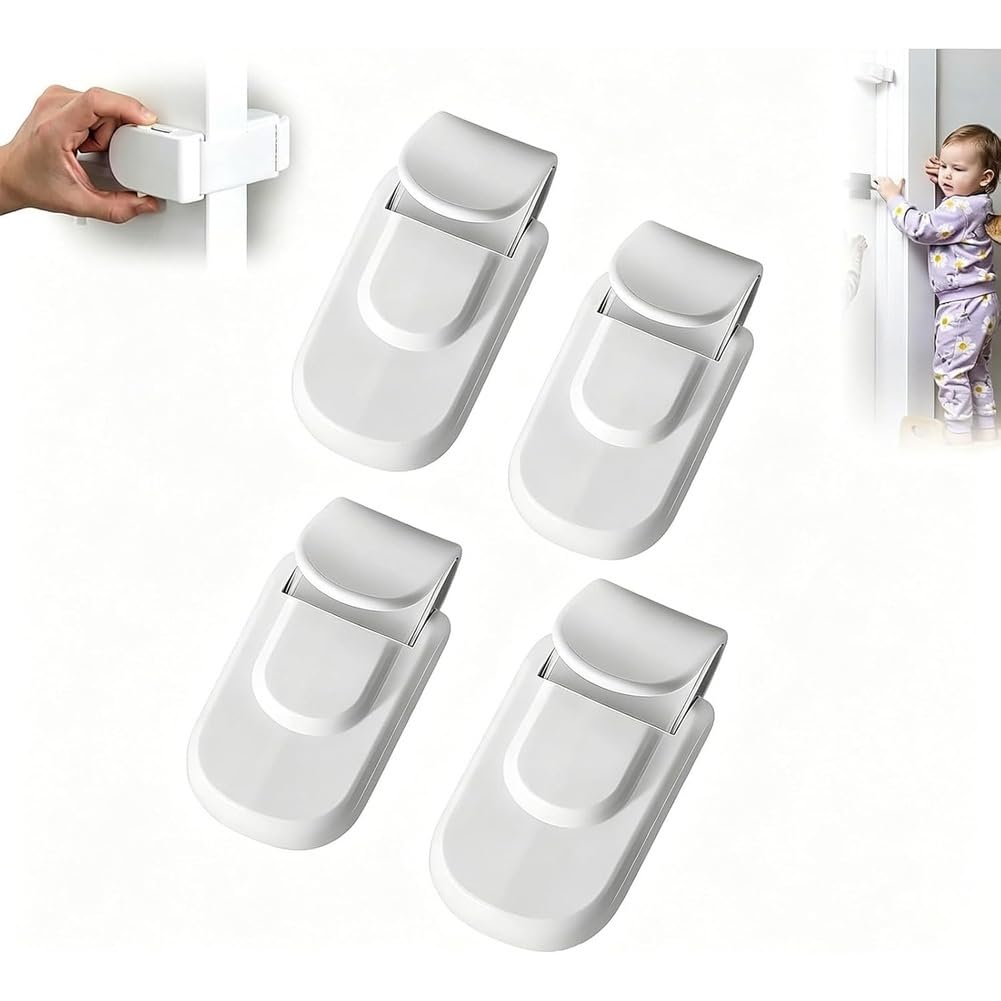 4 Piezas de Cerraduras para Puertas para la Seguridad de los Niños, Pestillos A Prueba de Niños Sin Taladrar, Cerradura de Puerta Portátil, A Prueba de Bebés, Niños Pequeños y Mascotas.