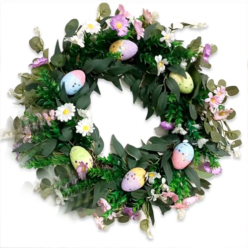 Coroa decorativa de Páscoa sintética, 40 cm grinalda de Páscoa grinalda de ovo flor artificial grinalda de primavera festival grinalda porta da frente decoração de Páscoa (AA)