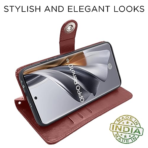 Image of Pikkme Oppo Reno 10 5G Flip Cover Leather Finish | Inside TPU with Card Pockets | Wallet Stand and Shock Proof | Complete Protection Button Flip Case (Brown)