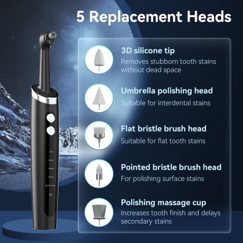 Image of Tooth Polisher Rechargeable,Tooth Buffer Polisher with 5 Replacement Heads & Cleaning Modes, USB Rechargeable, Ipx6 Waterproof, Teeth Black Stain Remover for Adults & Kids Black
