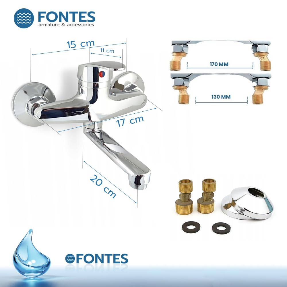 FONTES Wandwasserhahn Chrom, Spültischarmatur 360°, Wandarmatur für Küche/Ausgussbecken, Mischbatterie für Wandmontage, Drehbare Wasserhahn Küche, Kalt und Heiß Einhebelmischer, Schwenkarm 20cm