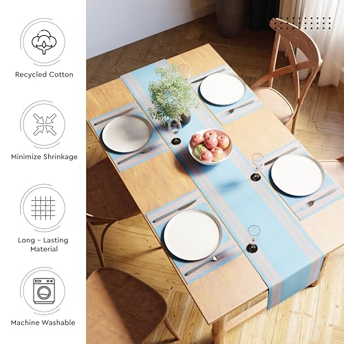 Image of Encasa XO Dining Table Runner for 4 to 6 Seater| Yarn Dyed Fine Ribbed Cotton | Size 32x137 cm | Ladder Blue | Machine Washable