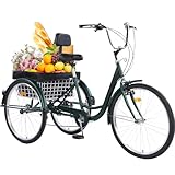 WYUEEEE Versatile 24-Inch 3-Wheel Adult Tricycle with 7-Speed Gearing and Spacious Basket for Comfortable Riding and Storage for Recreation, Shopping, Picnics
