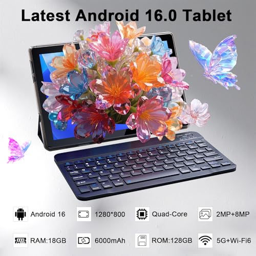 Image of Tablet Android 16 10 Inch 12GB RAM+64GB ROM / 1TB Expandable, 1280 * 800 HD Touch Screen, 5G WiFi6 BT 5.0, 2 in 1 Tab with Keyboard Case Mouse Stylus (Black)