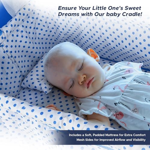 Image of BUBBLEBABY Baby Cradle | Jhula | Baggi | Palna | Ghodiyu | Ventilated | with Swing & Mosquito Net | 0-12 Months | Four Wheels with Brake | Storage | Polypropylene | Safe & Sturdy | Foldable | Blue