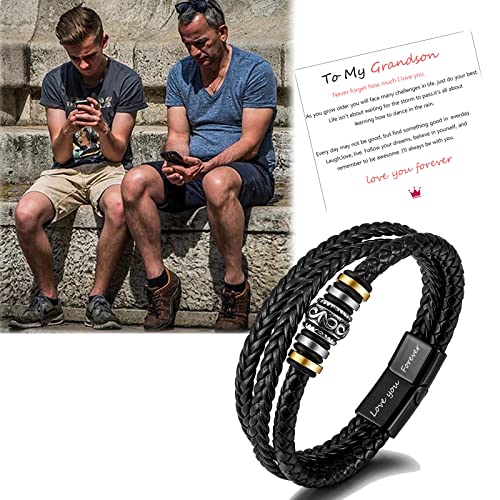 To My Son/To My Grandson Bracelet- "I Will Always Be With You" Braided Leather Bracelet For Men Boys, Stainless Steel Inspirational Wristband, Handmade Mens Braided Leather Bracelet Bangle Wristband (Grandson-Braid, Stainless Steel) #TOP3