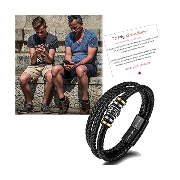 To My Son/To My Grandson Bracelet- "I Will Always Be With You" Braided Leather Bracelet for Men Boys, Stainless Steel Inspirational Wristband, Handmade Mens Braided Leather Bracelet Bangle Wristband (Grandson, Stainless Steel) - Image 5