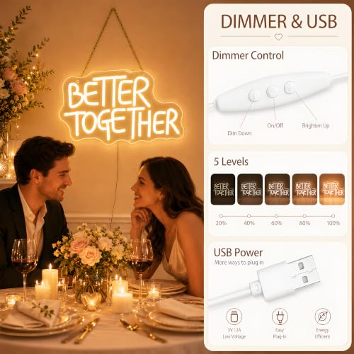 Image of Better Together Neon Sign, Romantic LED Wall Light for Wedding Decor, USB Powered Dimmable Neon Light for Bedroom Living Room Couple Party, Couple Gift Idea, 13.8 x 8.1 in