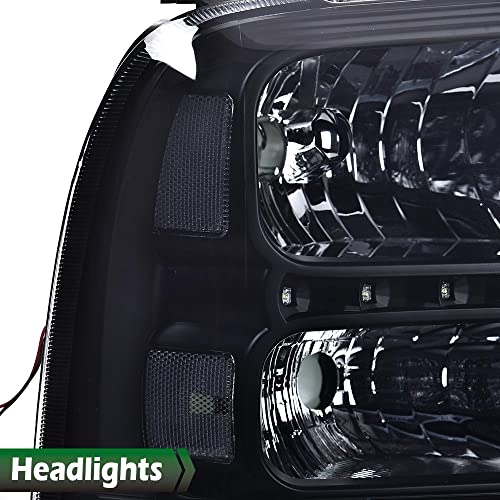 Image of GRAND ORANGE LED DRL Headlights Assembly, Compatible with 2005 2006 2007 Ford F250 F350 F450 F550 Super Duty bumper Headlamp, Amber Corner Headlight(Smoky lens Black Housing Clear Reflector)