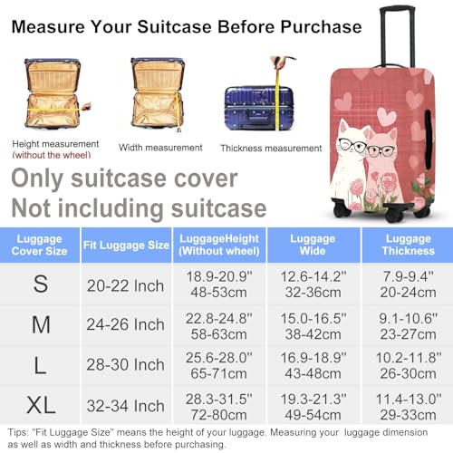 Image of Cat Glasses Romance Luggage Cover, Washable Suitcase Protector with Feline Hearts Flowers Anti-scratch for 18 inch,20 inch,22 inchBag