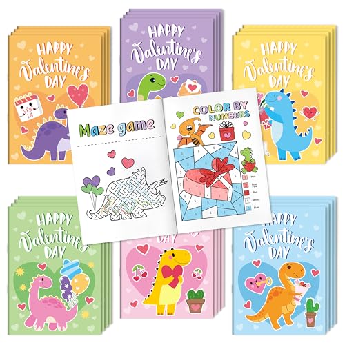 Valentine’s Day Activity Books for Kids - 24Pcs Dinosaur Theme Mini Games Coloring Book Set Bulk Mazes Word Search Word Scramble Games for...