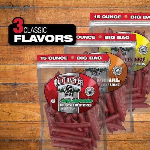 Image of Old Trapper Deli-Style Beef Sticks, Jalapeno Flavor, 15-Ounce Package, Spicy Beef Sticks, 6gms of Protein and Zero Grams of Sugar per Serving (Pack of 2)