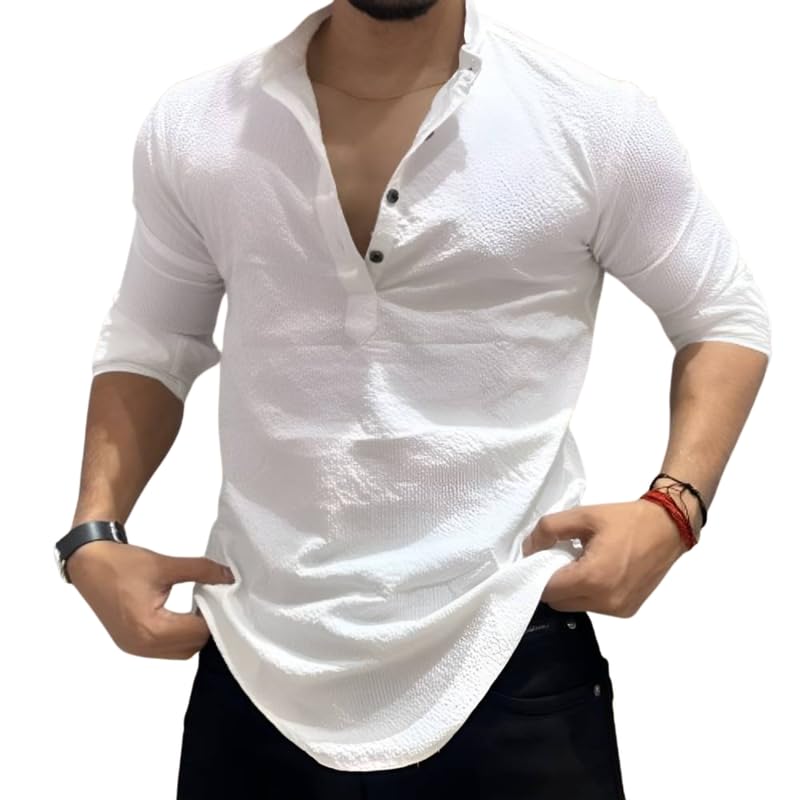 combraided Men's Casual Full-Sleeve Cotton Blend Kurta Shirt Popcorn Fabric - Solid Pattern, Regular Fit, Long Length-picture-27