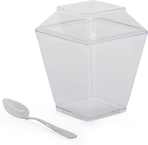 Miniatura 6 de Oasis Creations Taza cuadrada de postre de 8 onzas, 50 unidades, tapas y cucharas incluidas, plástico transparente, taza de aperitivo y parfait,