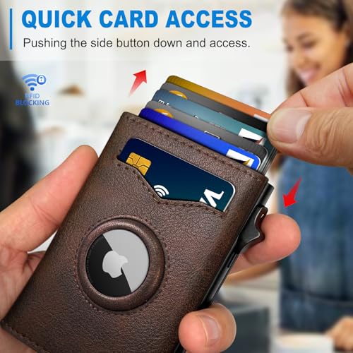 Image of miyozi Airtag Wallet for Men,with Cash Pocket 2 ID Window 9-12 Cards,Metal Case Smart Slim Pop Up Credit Card Holder Flip with Magnetic Closure RFID Blocking Trifold wallet with Gift Box