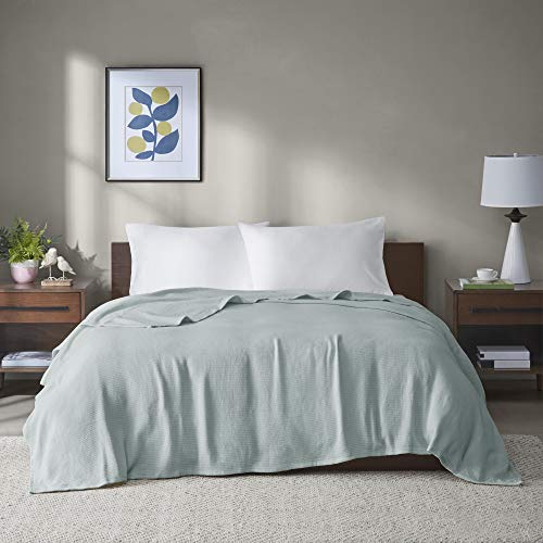 Madison Park Freshspun Basketweave Luxury Cotton Blanket Blue 66x90 Twin Size Basketweave Premium Soft Cozy 100% Cotton for Bed Couch or Sofa