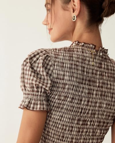 Image of RIHOAS Plaid Gingham Midi Dress Short Sleeve Smocked Dresses for Women | Cotton,Ruffle Puff Sleeves,Vintage Brown,Spring Summer Casual Daily,Picnic,Travel,Vacation,Christmas Festive Occasions